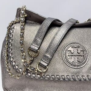Tory Burch Marion Whipstitch Leather Saddle Bag Metallic Pewter Gray Silver (P2)